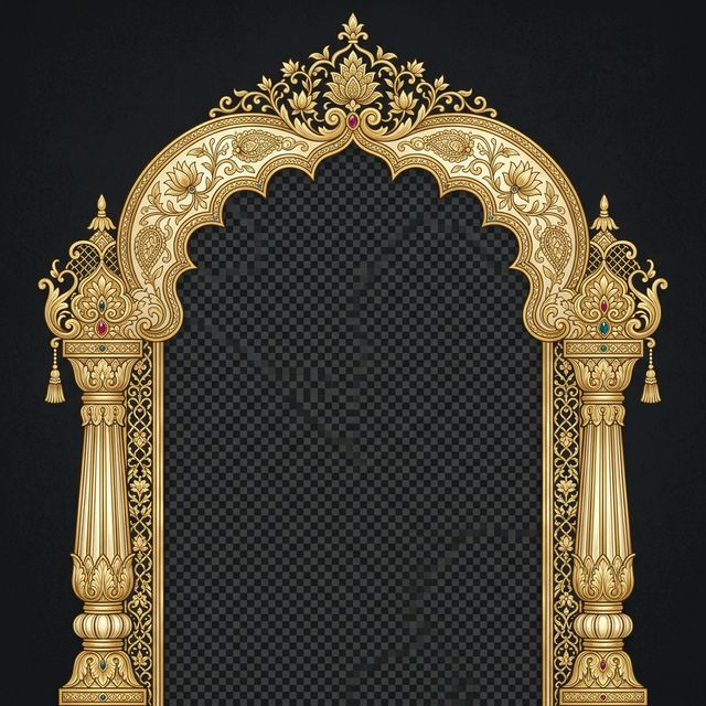 Ornate golden arch frame inspired by royal palace architecture at Dandiya Vadodara