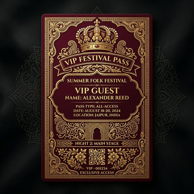VIP Gold Pass design for Vadodara Garba Passes with ornate golden borders